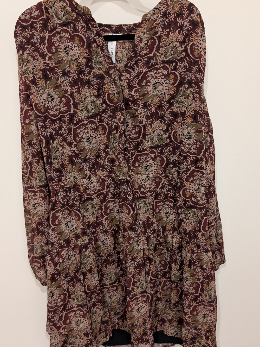 Women’s Long Sleeve Floral Tiered Dress - Burgundy